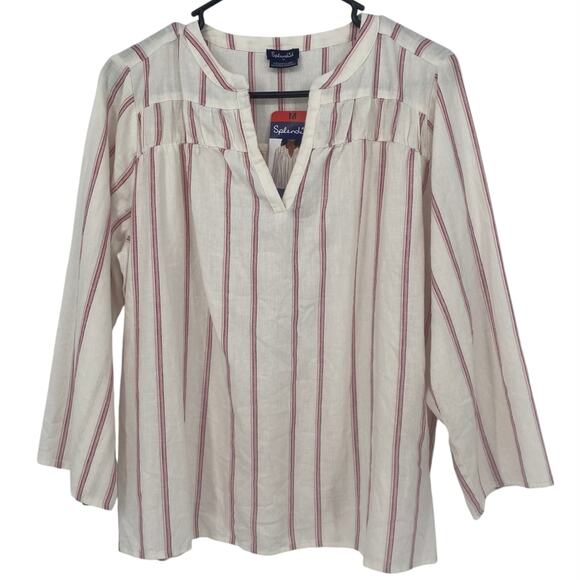 NEW SPLENDID Coastal Stripe Linen Blend Notched Neck Top White Pink Size Medium - Picture 1 of 4